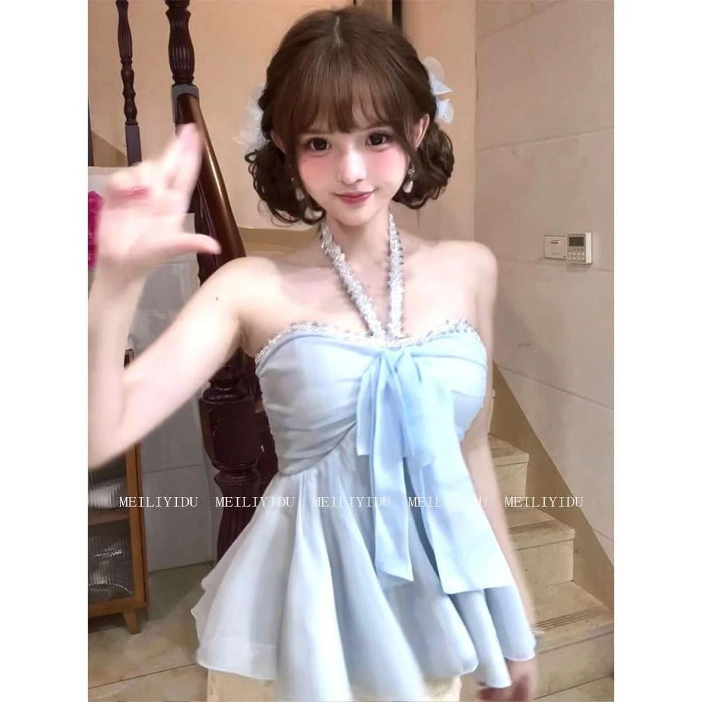 MLYD/定制 大码纯欲性感镶钻挂脖上衣女气质修身蕾丝包臀短裙套装