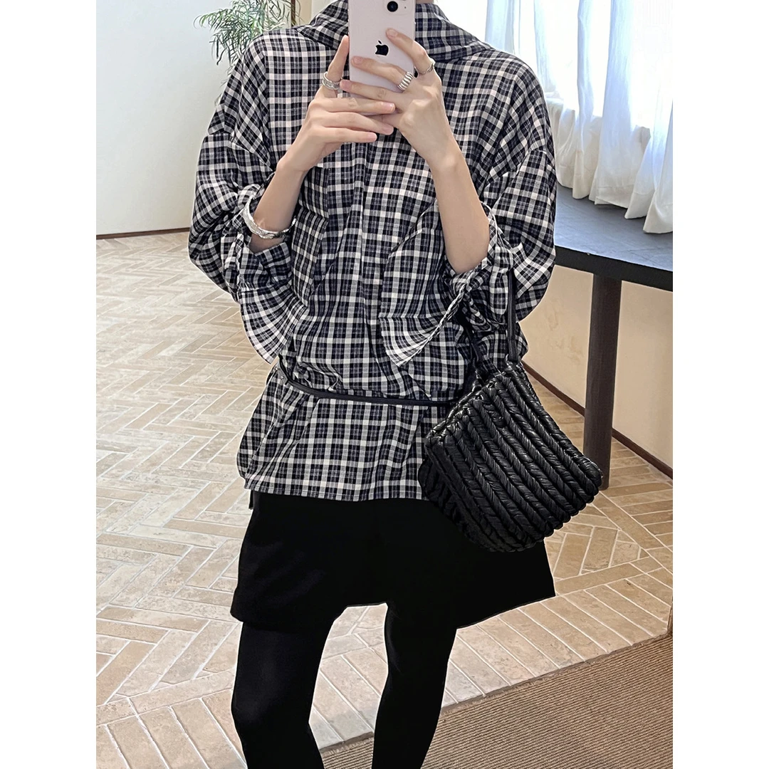 秋新法式复古格纹飘带慵懒ROW风通勤百搭衬衫春秋格子上衣衬衣