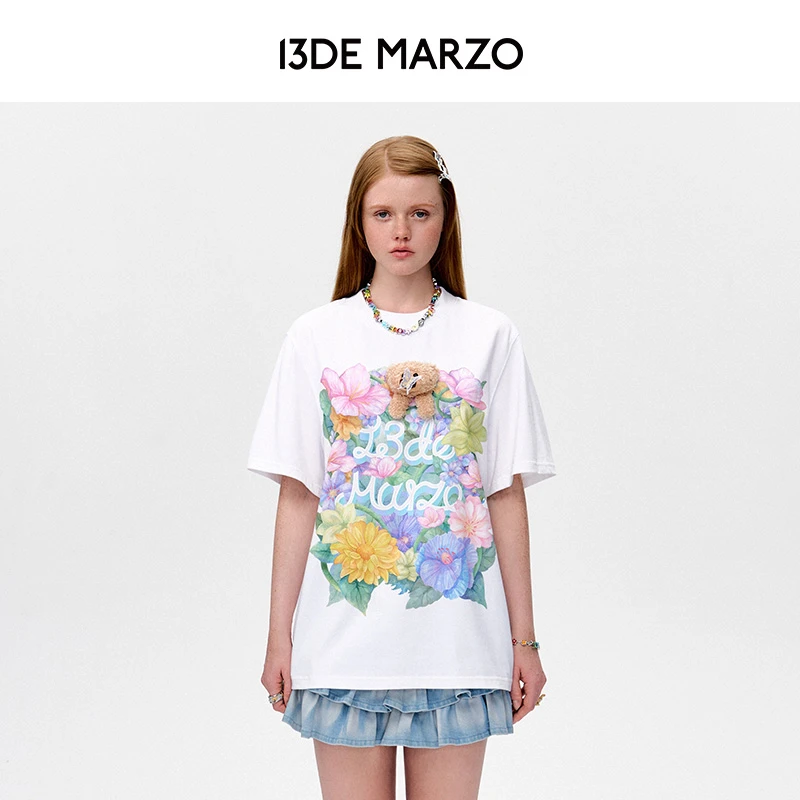 13DE MARZO男女同款 立体蝴蝶花丛短袖宽松圆领棉质T恤专柜同款