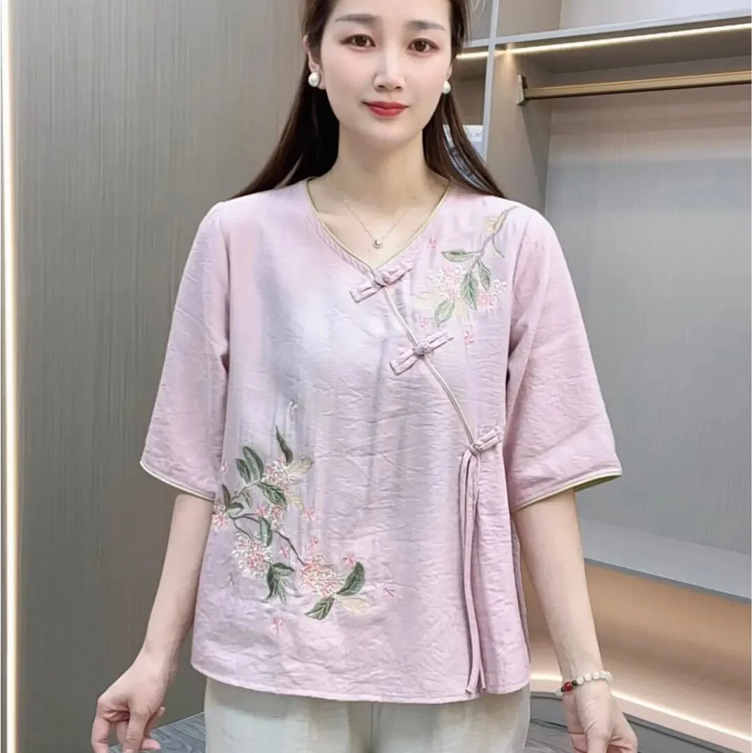 中年女士复古中式刺绣斜襟盘扣短袖上衣夏季时尚宽松文艺中国风