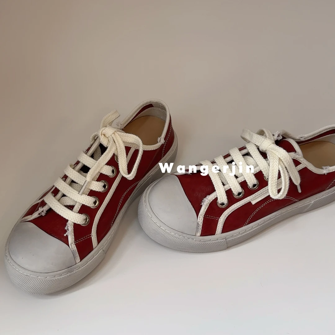 【王二今】马皮/3CM/重工水洗时尚休闲系带平底运动板鞋小白鞋女