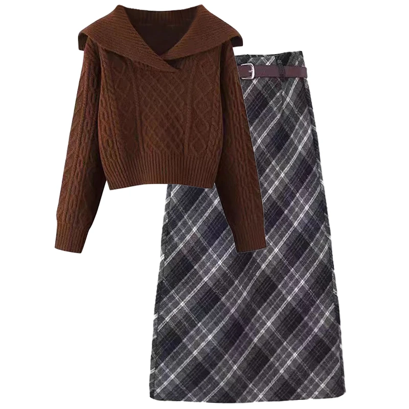 秋冬穿搭一整套女2025新款气质时尚针织毛衣显瘦格纹半身裙两件套