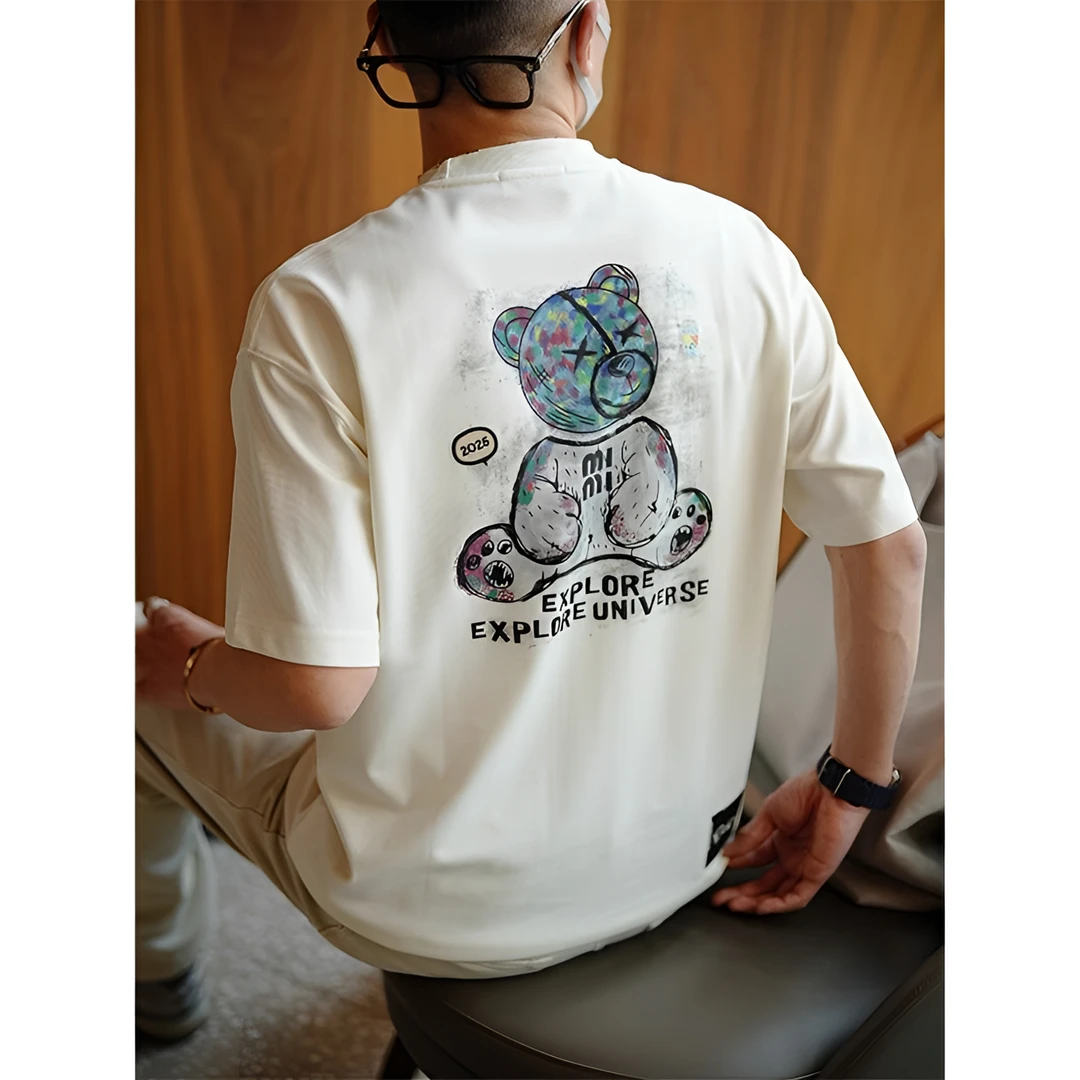美式潮牌卡通彩绘小熊印花短袖T恤男夏季纯棉潮牌ins半袖圆领上衣
