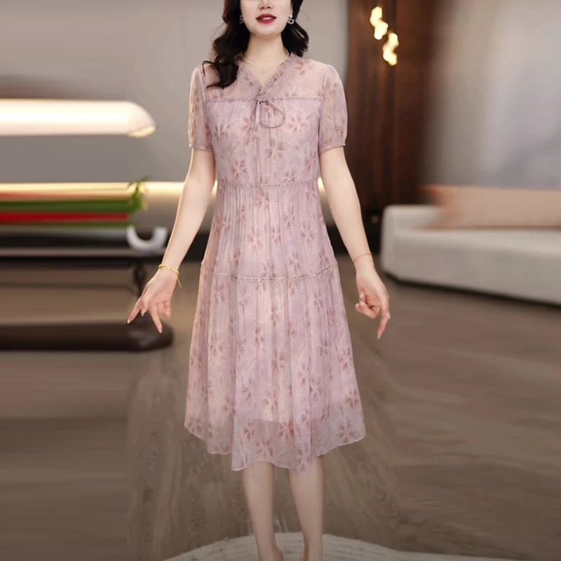 双丝皱品质时髦女装2025夏季新款时尚洋气质减龄碎花宽松连衣裙子
