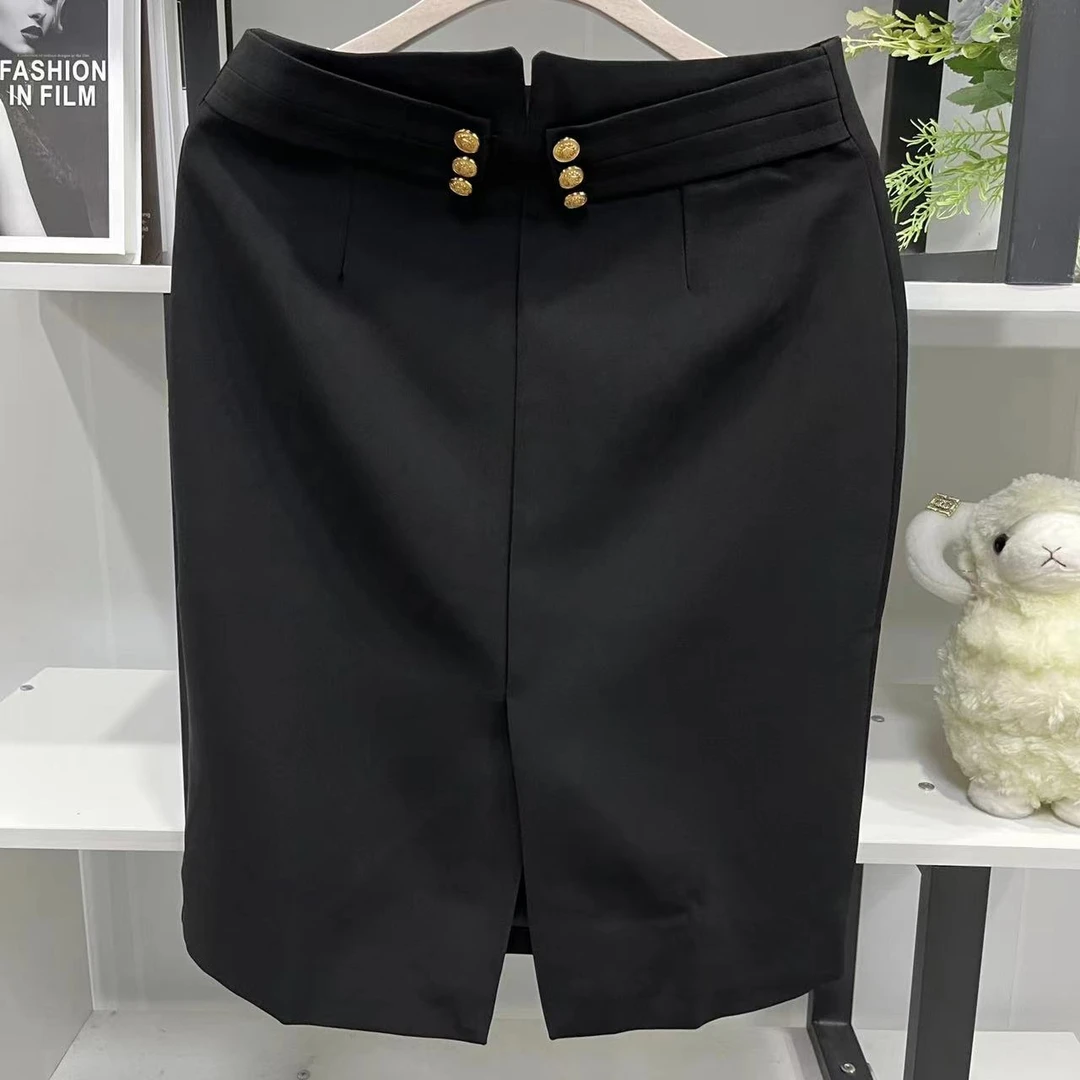 G1629【品牌撤柜 轻奢定制】时尚黑色双排扣前开叉半身裙037#