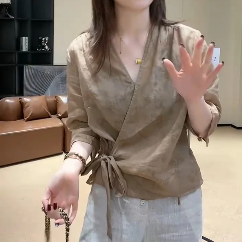 夏季韩系提花V领显瘦绑带设计上衣洋气小衫LK2505518