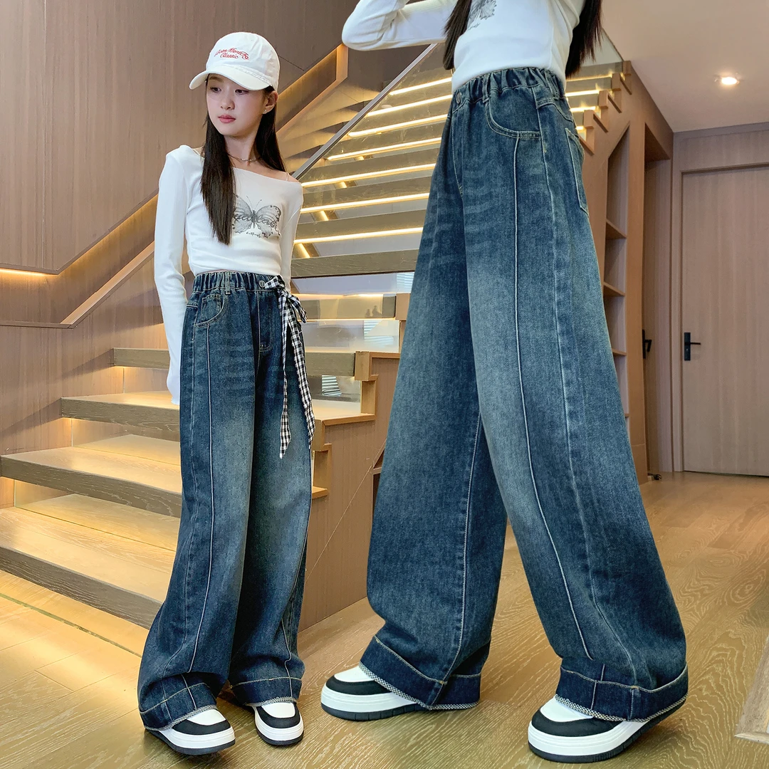 女童牛仔裤秋装2025新款窄版直筒阔腿裤中大儿童6-15岁初中生裤子