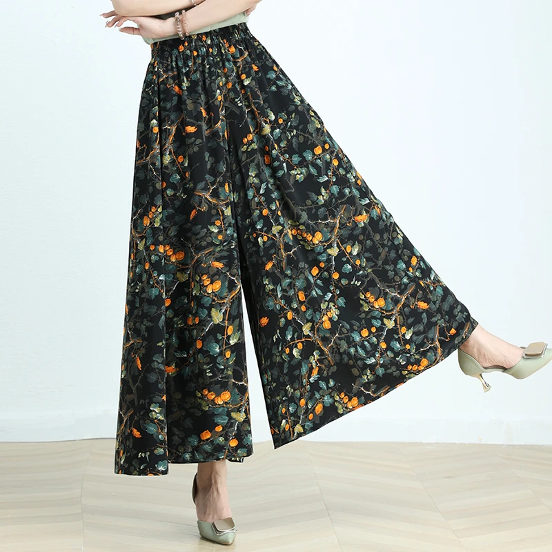 阔腿裤女夏季新款裤子垂感裤裙印花九分裤宽松显瘦薄款高腰松紧裤