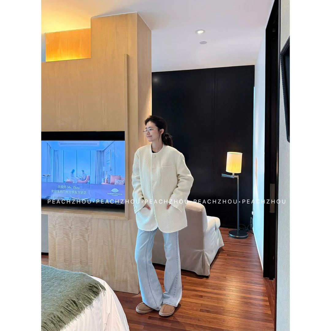 『PEACHZHOU』赛络纺水洗浅蓝微喇修身系扣牛仔裤休闲直筒显瘦长裤