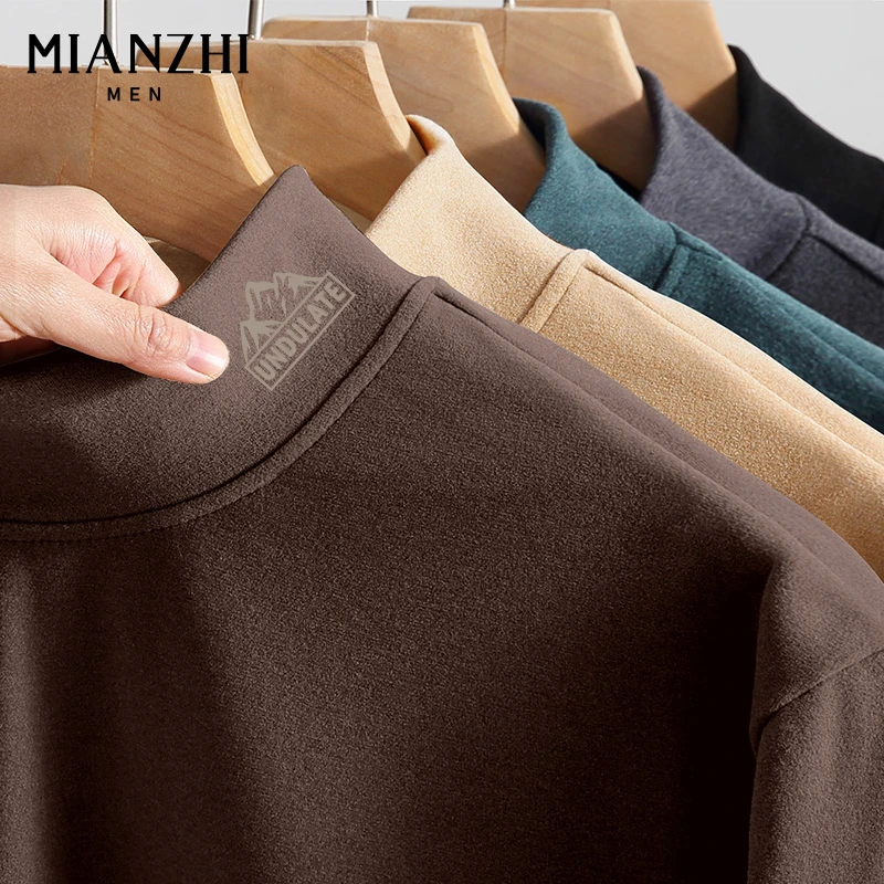 棉致绒德打底衫男秋冬季新款双面加绒长袖T恤男士半高领内搭上衣Y