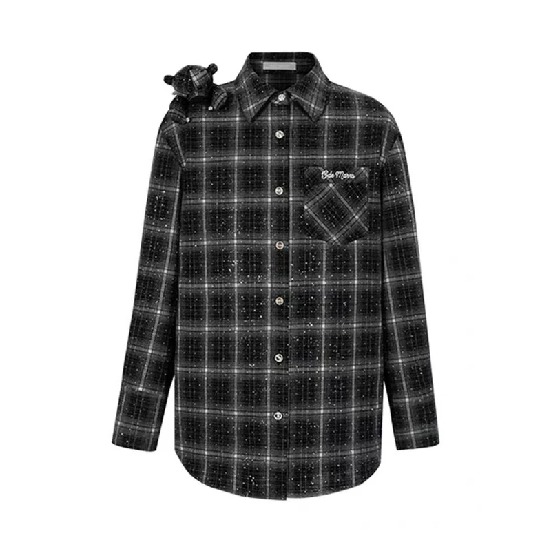 13男女同款 小熊仿闪钻衬衫格纹气质显瘦百搭中长款外套