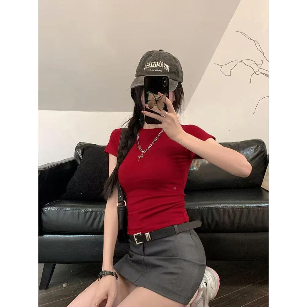 韩系正肩修身短袖T恤女2025夏季新款掐腰短款显瘦女装ins红色上衣
