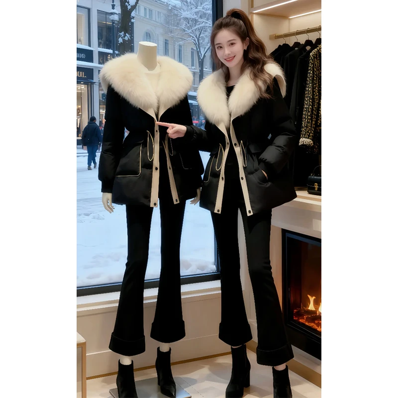 时尚撞色收腰可拆毛领棉服女2025秋冬新款抽绳设计感派克服外套