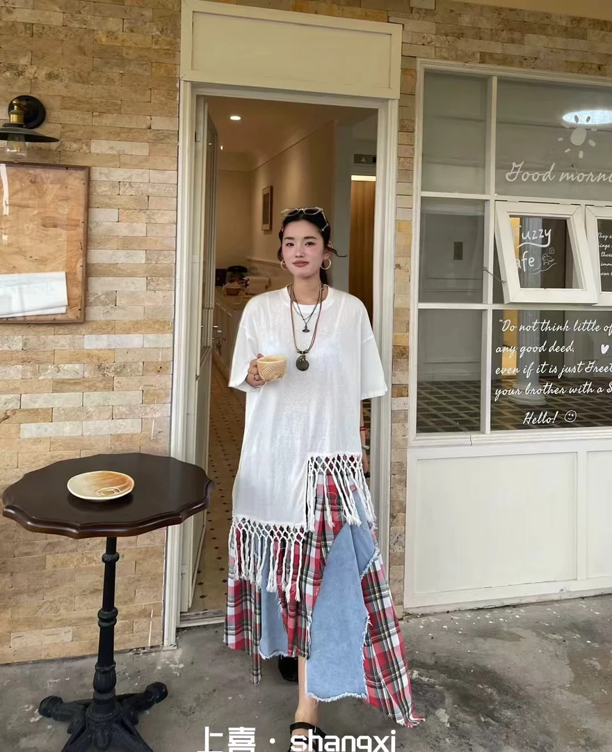 上喜家夏季新款韩版宽松显瘦百搭圆领无袖流苏短袖中长款T女