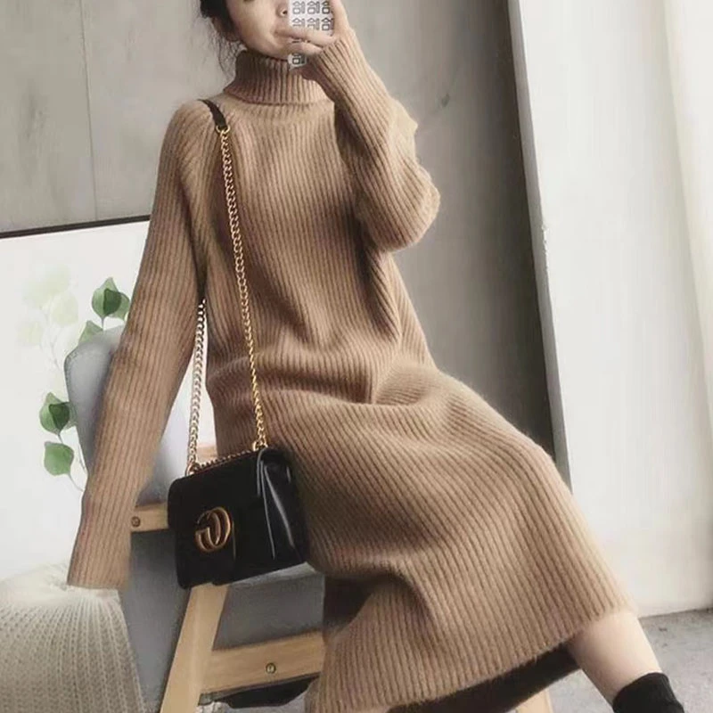 长款针织女冬季翻领保暖毛针织衫过膝秋冬中长款韩版打底衫