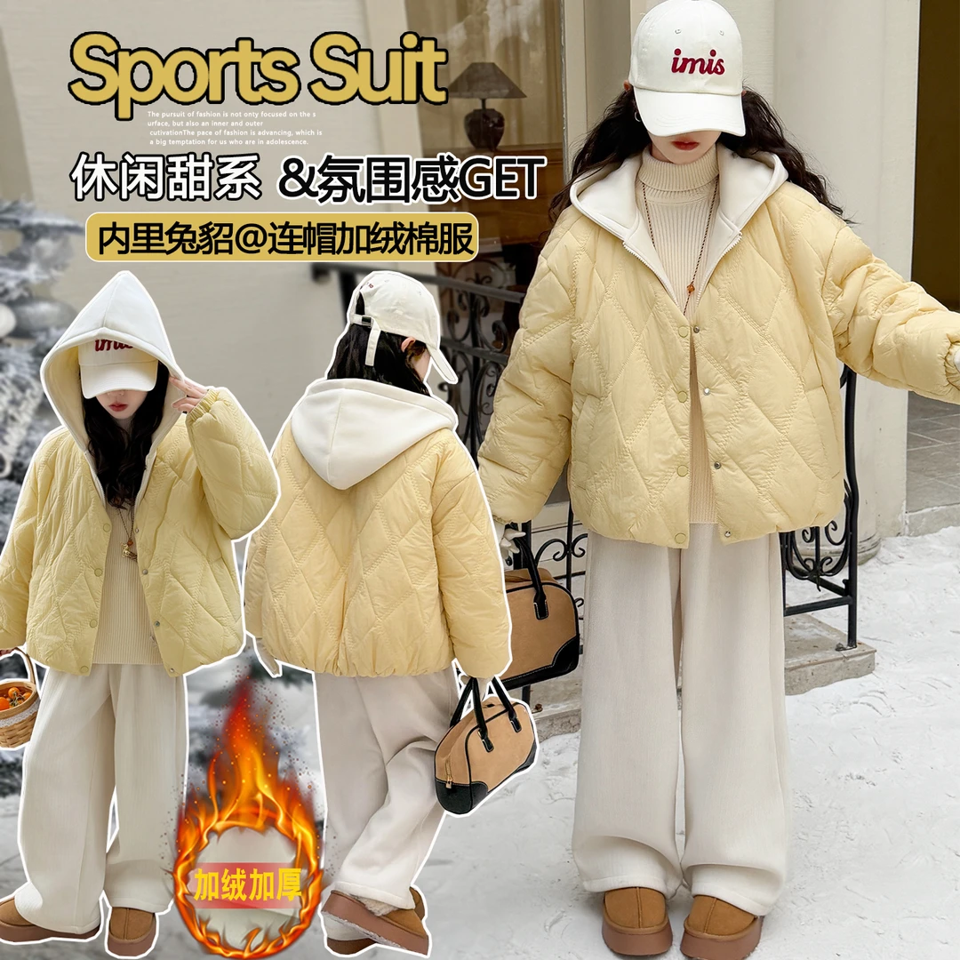冬款女童棉服2025新款洋气儿童加厚假两件棉袄中大童加绒棉衣外套