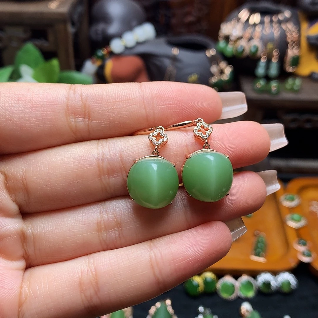 和田玉（碧玉）银S925镶嵌吊坠(不含链)耳饰