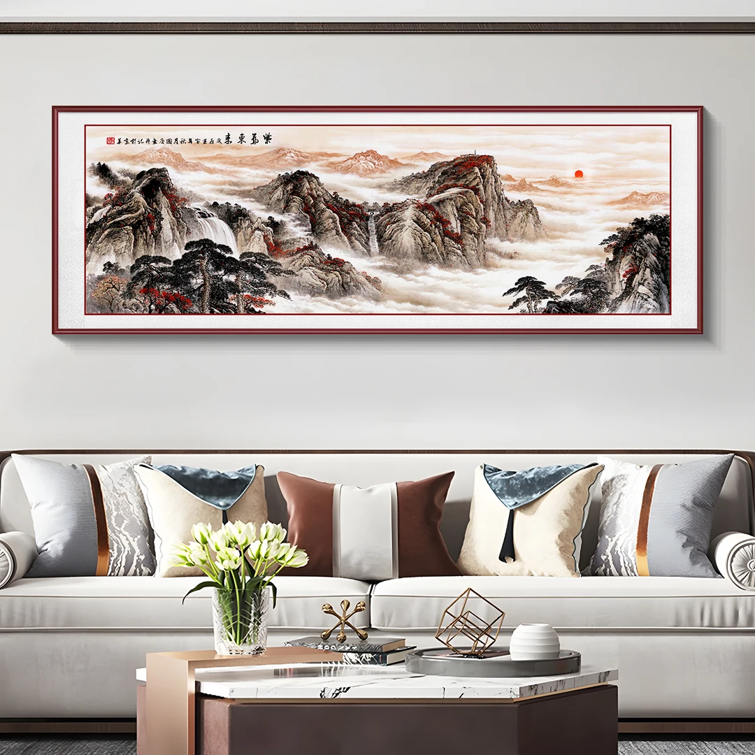 新中式客厅沙发背景墙装饰画山水画靠山风景壁画紫气东来70200