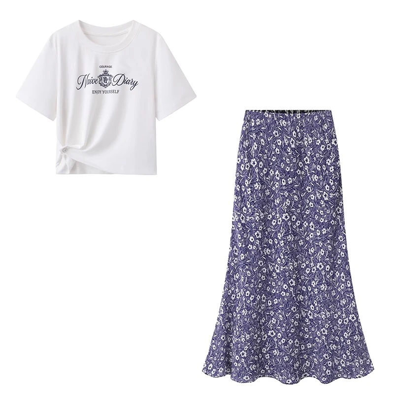 Z字母印花宽松显瘦短款圆领短袖T恤可配一整套碎花半裙女时尚套装