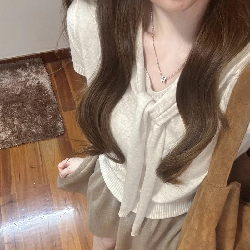 韩系温柔风披肩短袖针织衫T恤女夏季显瘦百搭圆领正肩短款ins上衣