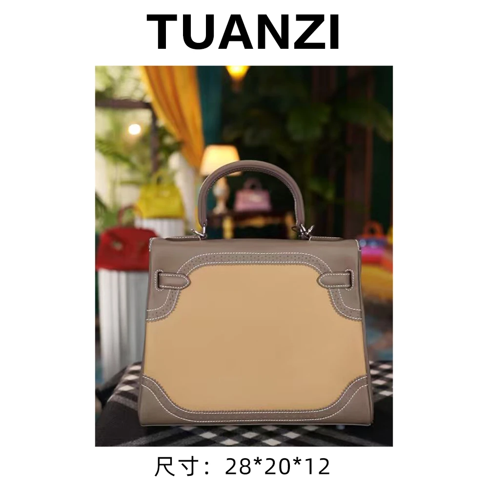 『匠心』SO拼色28尺寸手工头层牛皮手提女包 XKY-1181-烟草驼