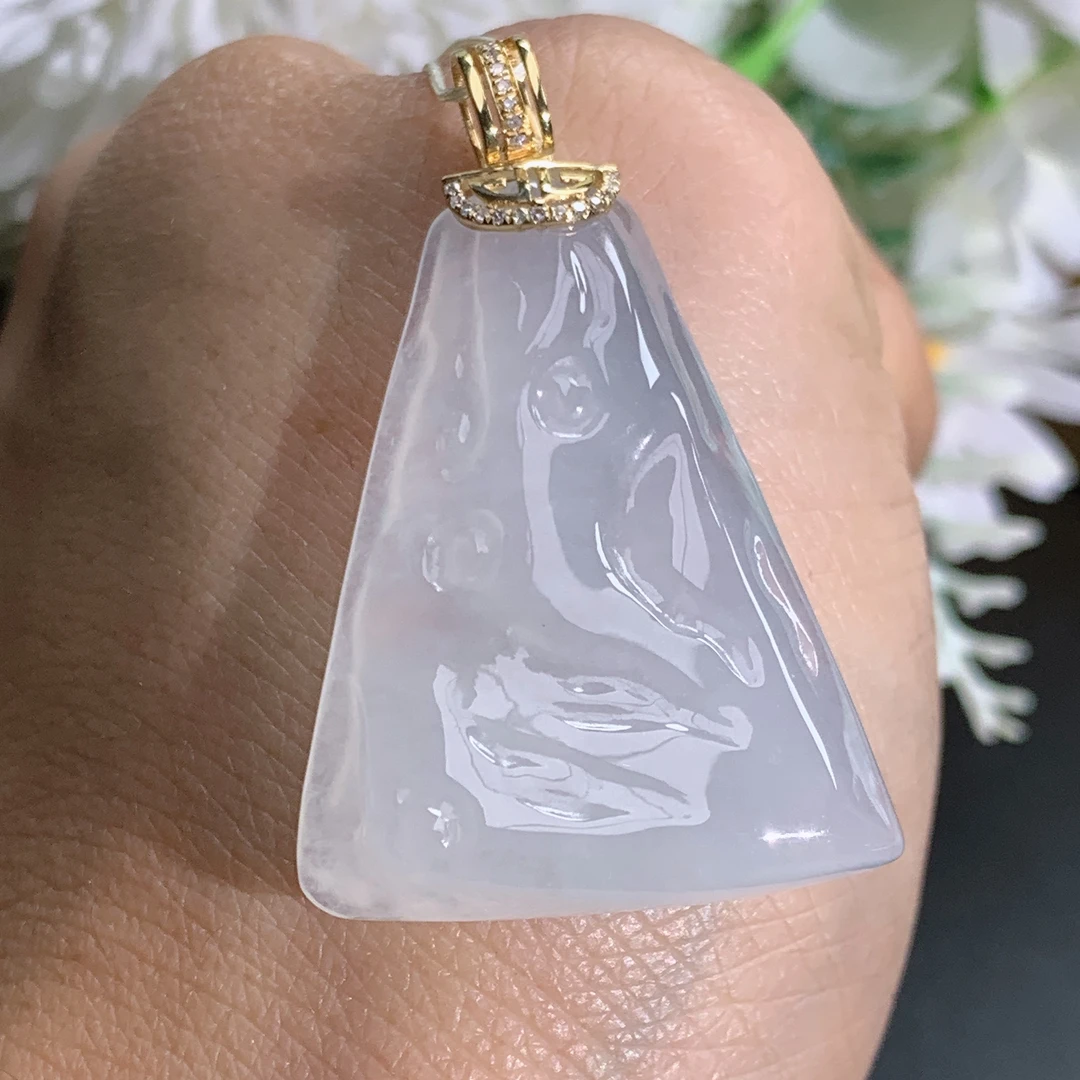尺寸34.9×26.8×6.3缅甸天然翡翠A货18k金冰胶白月光原石吊坠