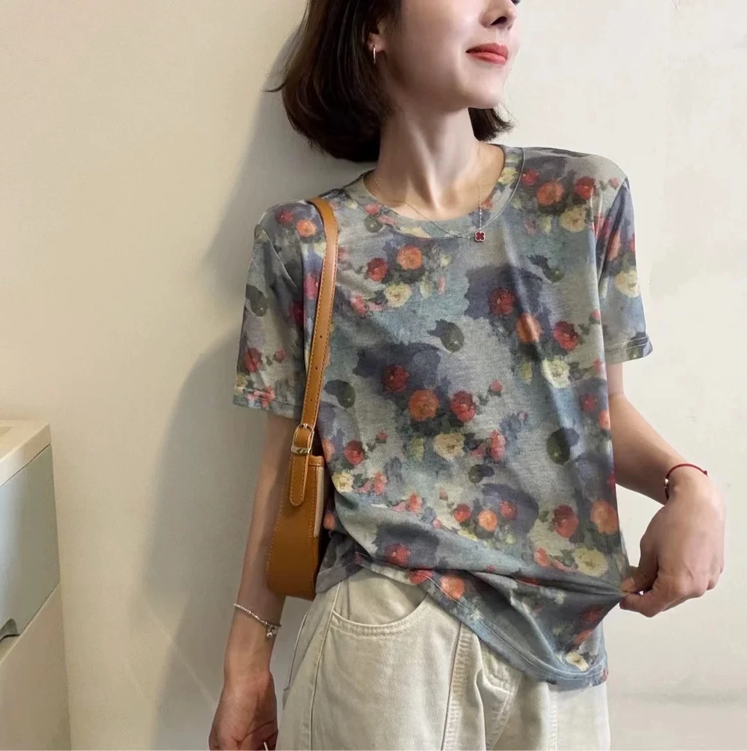 1599 欧货潮流圆领T恤宽松晕染印花透气凉感极简风短袖复古女士
