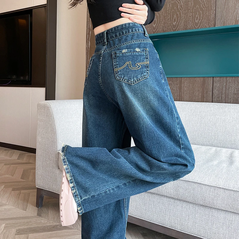 超火复古磨洞阔腿牛仔裤2025秋季新款女宽松遮肉设计感辣妹直筒裤