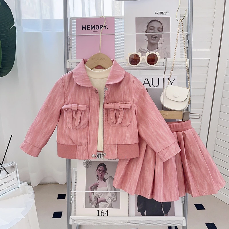 女童春秋季新款洋气套装小女孩皮衣外套半身短裙两件套CM0025