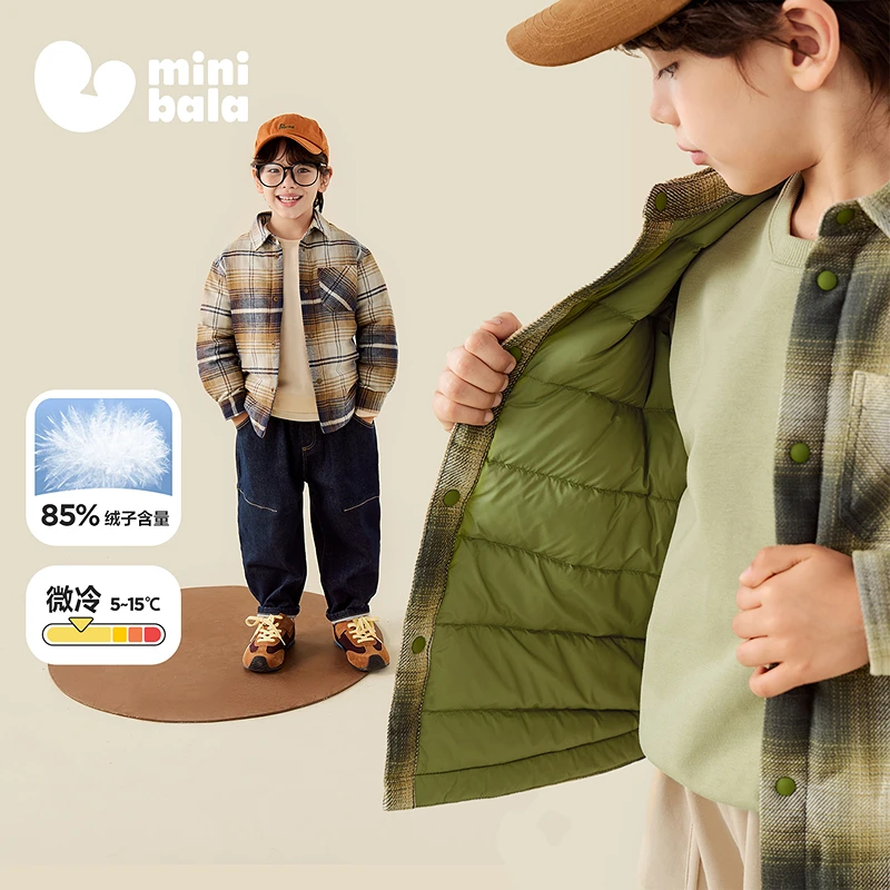 [泰迪熊联名]迷你巴拉巴拉男童儿童保暖格纹羽绒服外套2025冬新款
