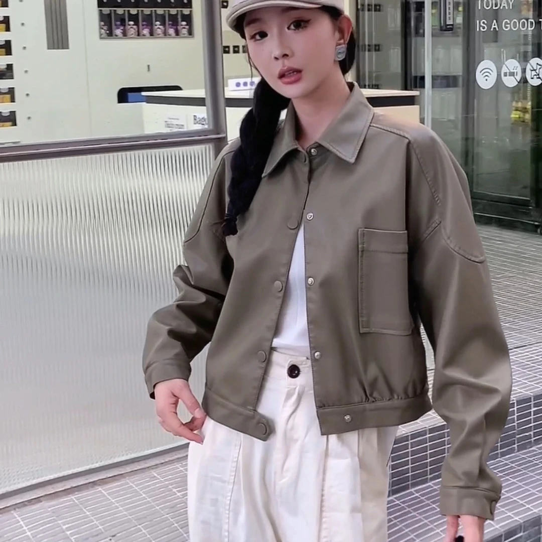无印心匠翻领+纯色 短款&显瘦 皮衣外套女 P79810