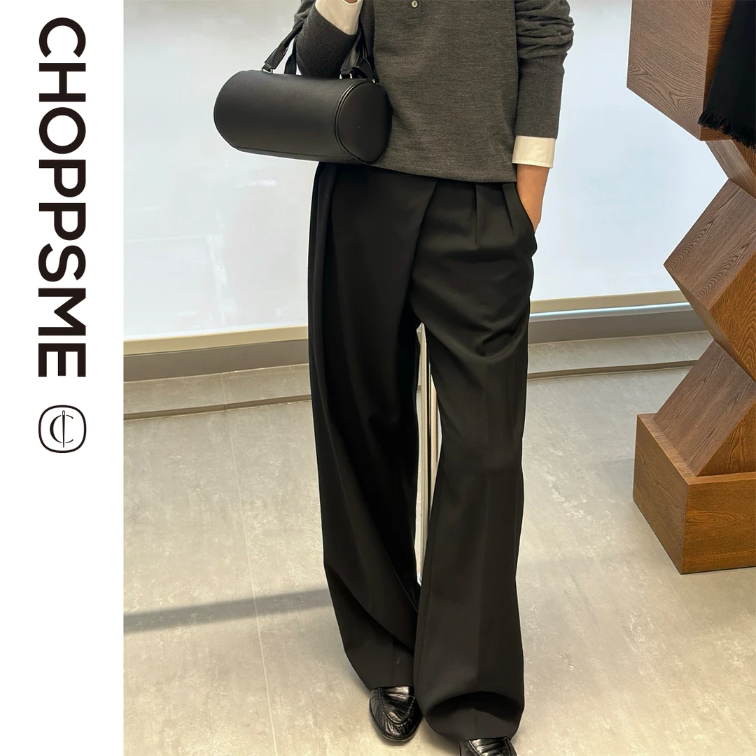 巧珀思｜11841精纺纯羊毛西裤斜门襟褶裥立裁直筒裤高腰休闲长裤