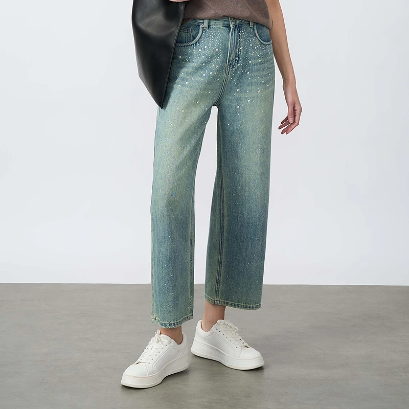 圣迪奥高腰时尚休闲夏季复古宽松九分水洗牛仔裤S25260803