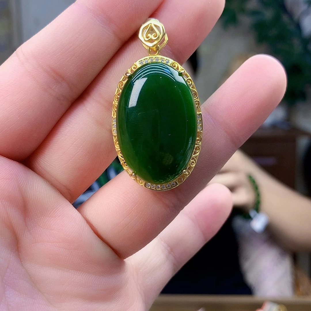 吊坠(不含链)银S925镶嵌和田玉（碧玉）吊坠