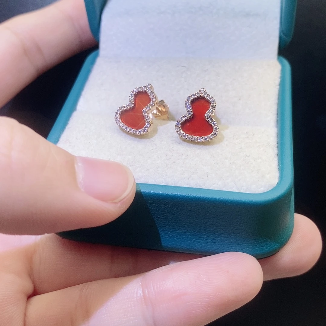 钻石耳饰18K金镶嵌红葫芦耳针K玫玛瑙