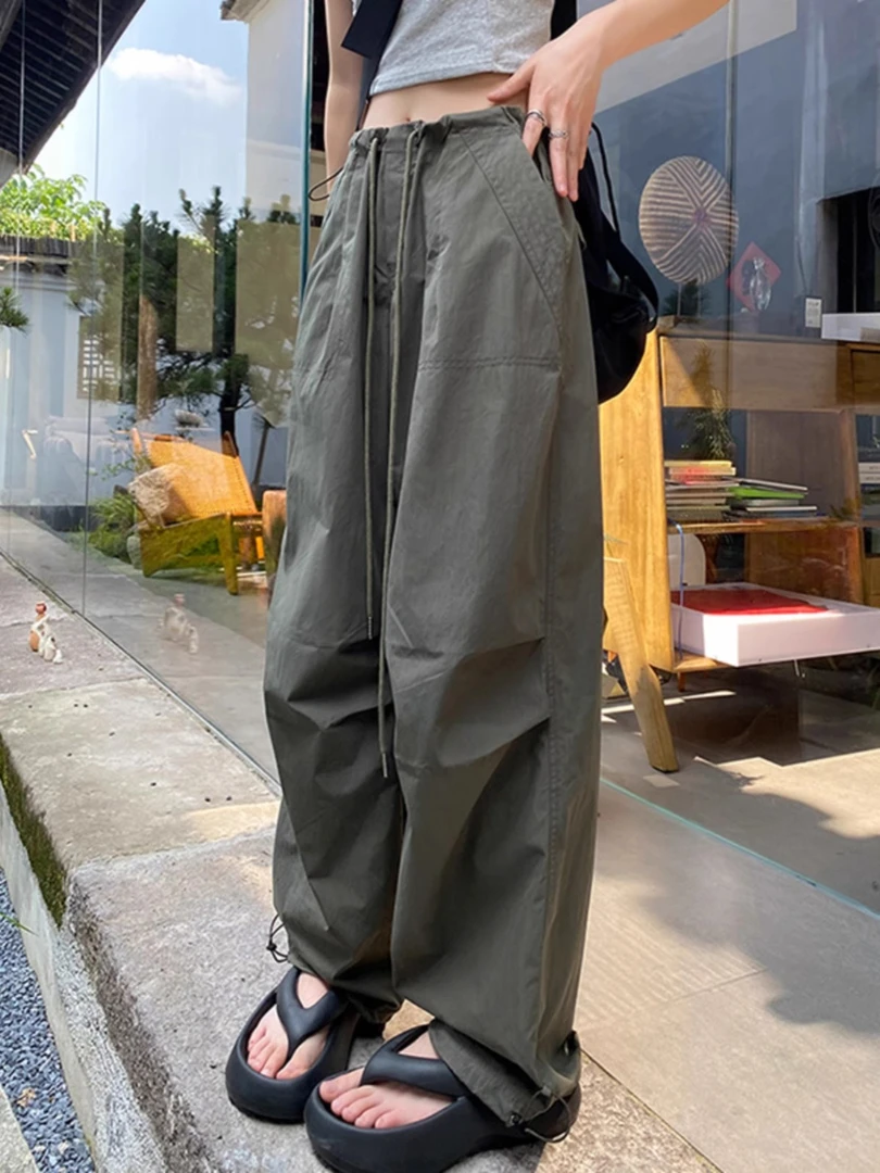 小个子复古抽绳休闲裤女春宽松百搭直筒工装裤美式低腰阔腿拖地裤