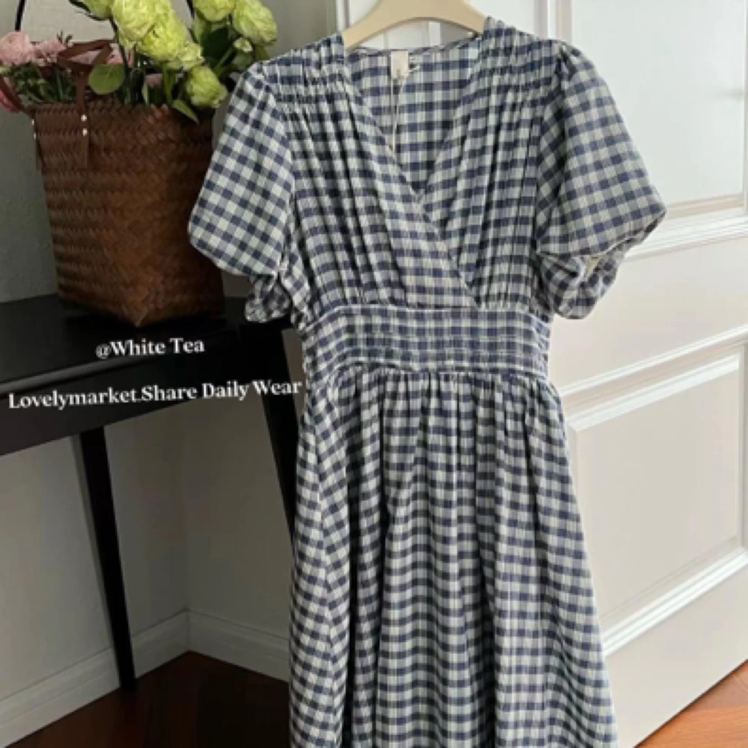 丽公主专属0880黑白格子连衣裙女2024复古茶歇收腰显瘦气质中长裙