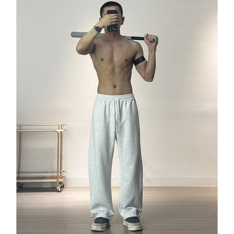 美式高街潮牌几何分割立体剪裁弯刀裤运动休闲裤男宽松阔腿裤卫裤