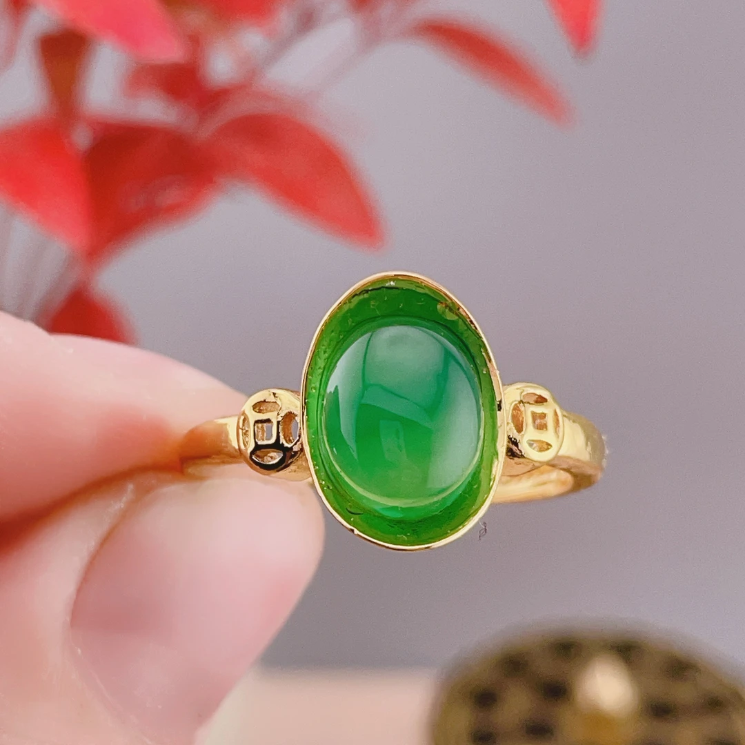 正品玛瑙冰绿玉髓女士戒指立体元宝气质百搭手饰活口戒圈F479