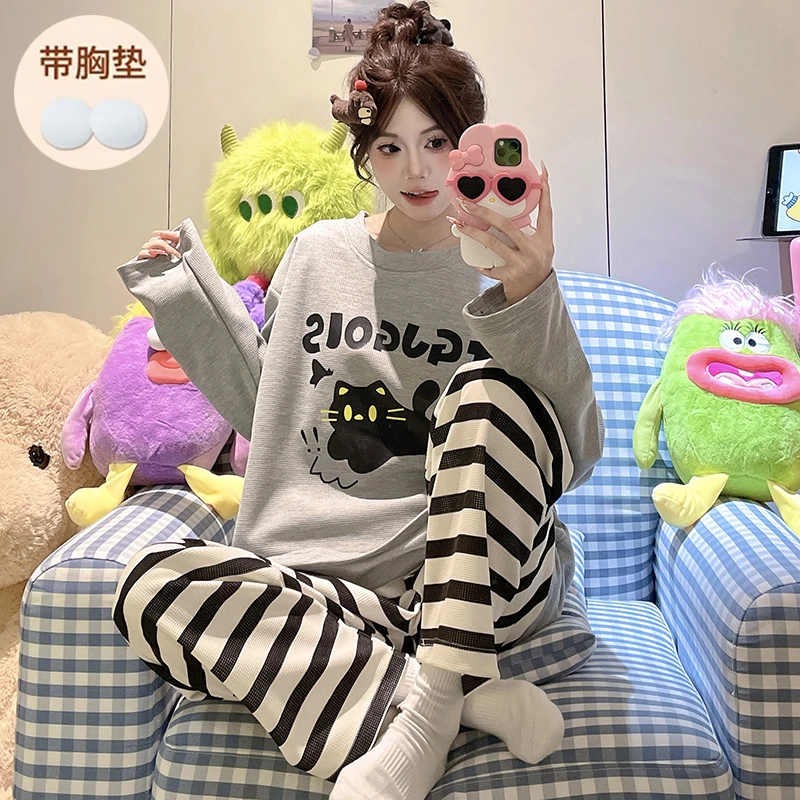 华夫格睡衣女带胸垫春秋圆领长袖2025新款青少年初中生大童家居服