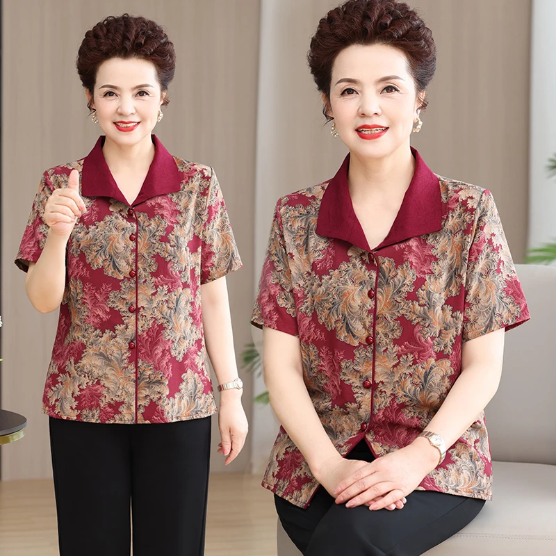 中老年人奶奶夏季衣服夏装衬衫妈妈洋气新款上衣老太太印花衣服女