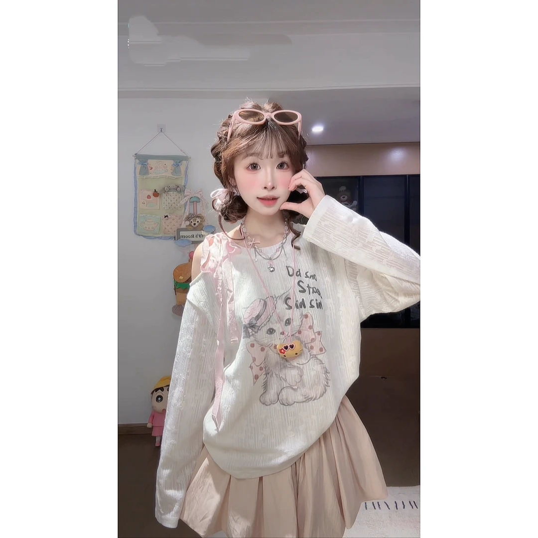 【可爱猫咪两件套】猫咪印花长袖t恤女夏季韩系蝴蝶结系带露肩套装