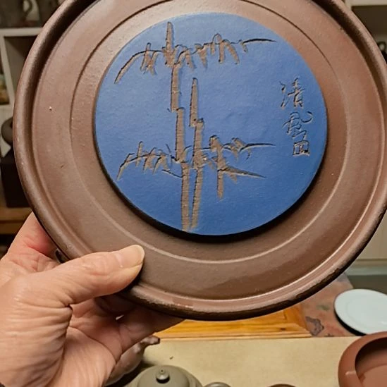 茶宠紫砂壶承带刻绘19cm手工制作