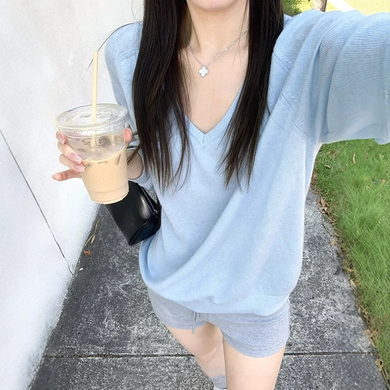 韩系慵懒风蓝色v领长袖针织衫t恤女春秋季松弛感外搭罩衫宽松上衣