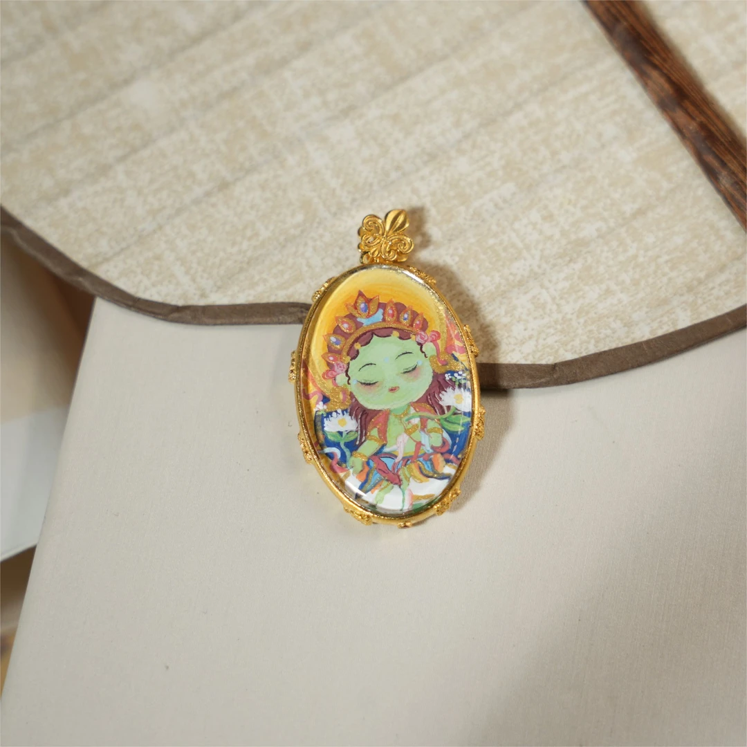 顾吉-绿度母唐卡18K金吊坠