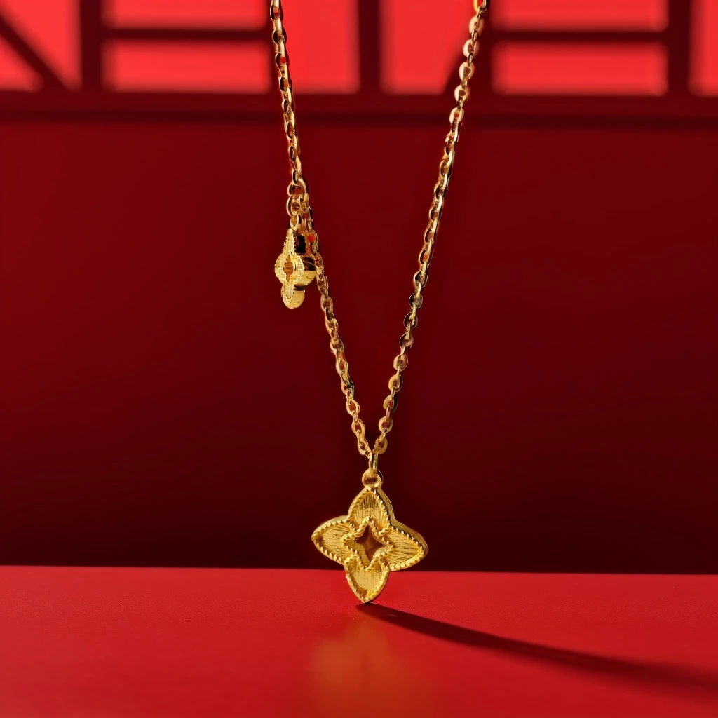 TSL/谢瑞麟计价足金四叶草星星套链黄金拉丝简约时尚项链