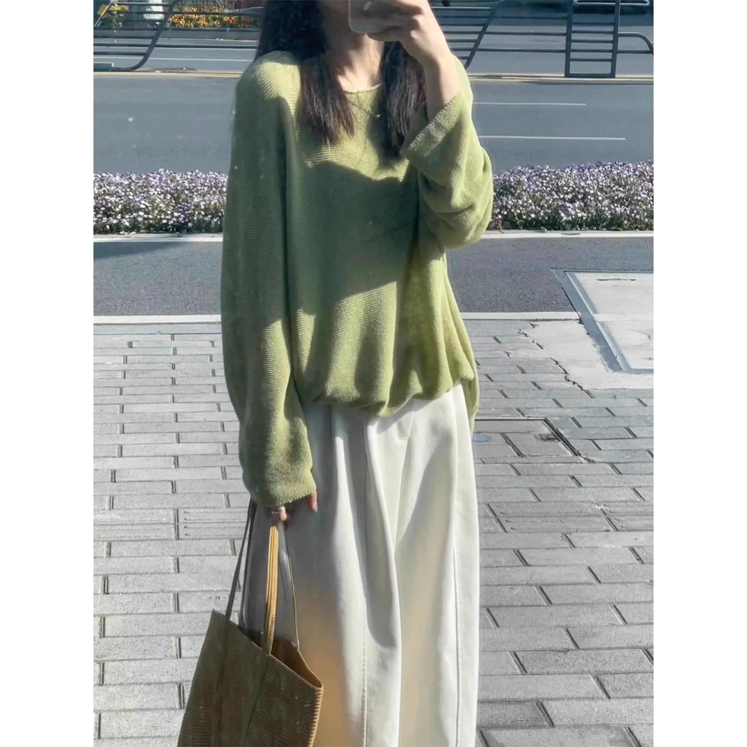2025夏季新款韩版圆领长袖绿色显白针织衫女宽松显瘦薄款外穿上衣