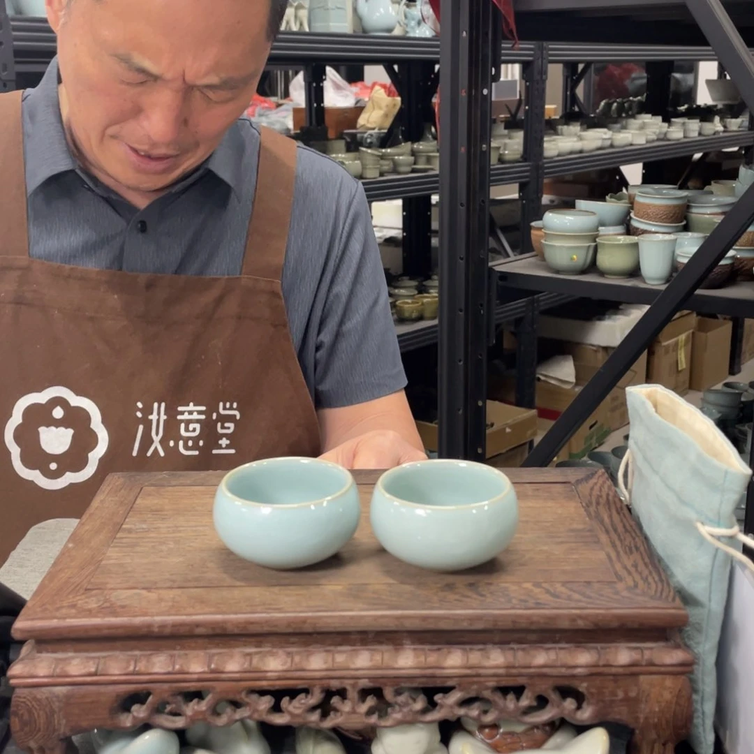 瓷片天青大圆禅定一对