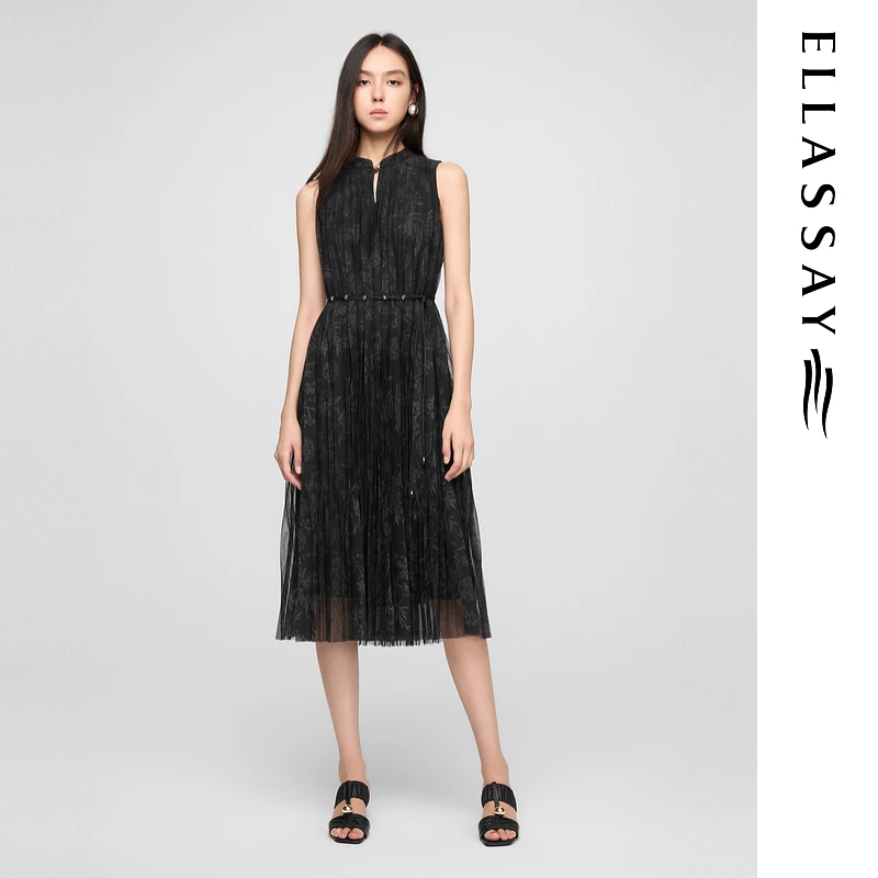 ELLASSAY歌力思2025夏新款国风印花收腰连衣裙女EWW362Y04500