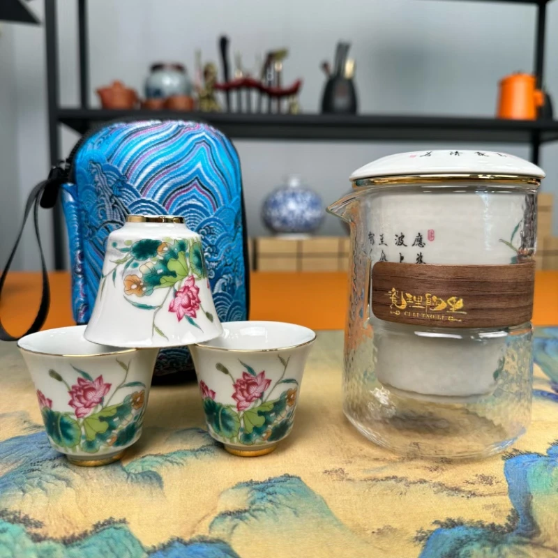 陶瓷快客杯户外泡茶旅行茶具套装便携式收纳包柿柿一壶三杯9-14
